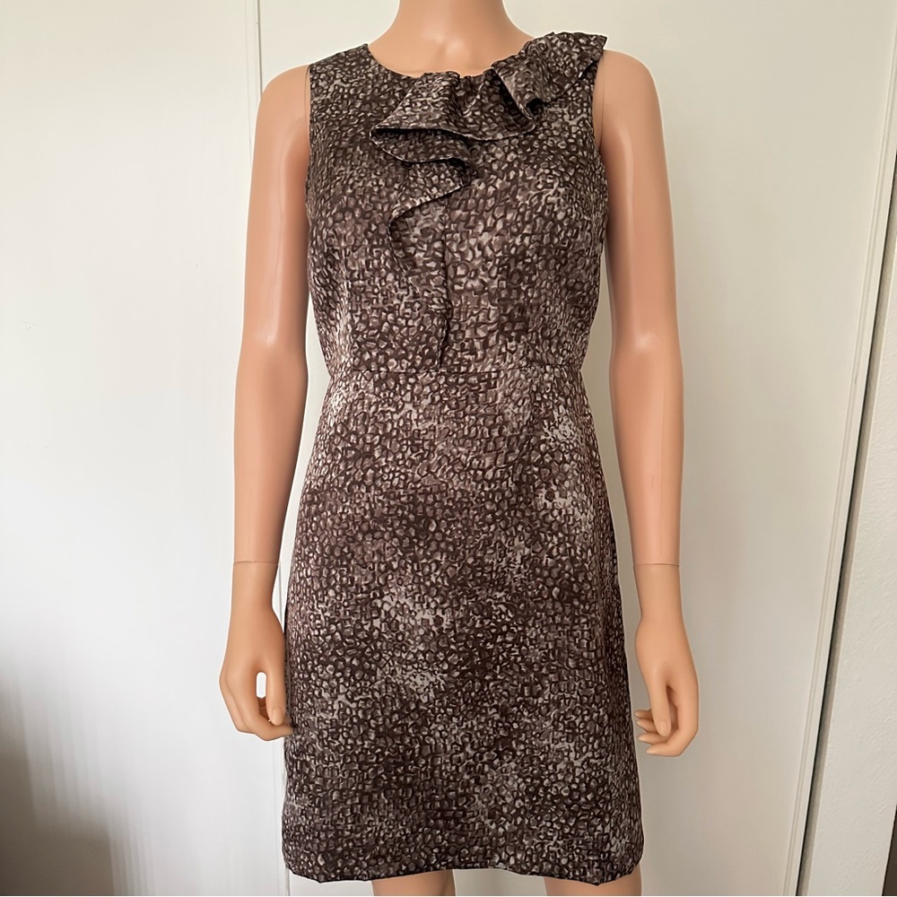 LOFT Sleeveless Dress Petite 4 Ruffles Brown Modest Animal Geometric Print